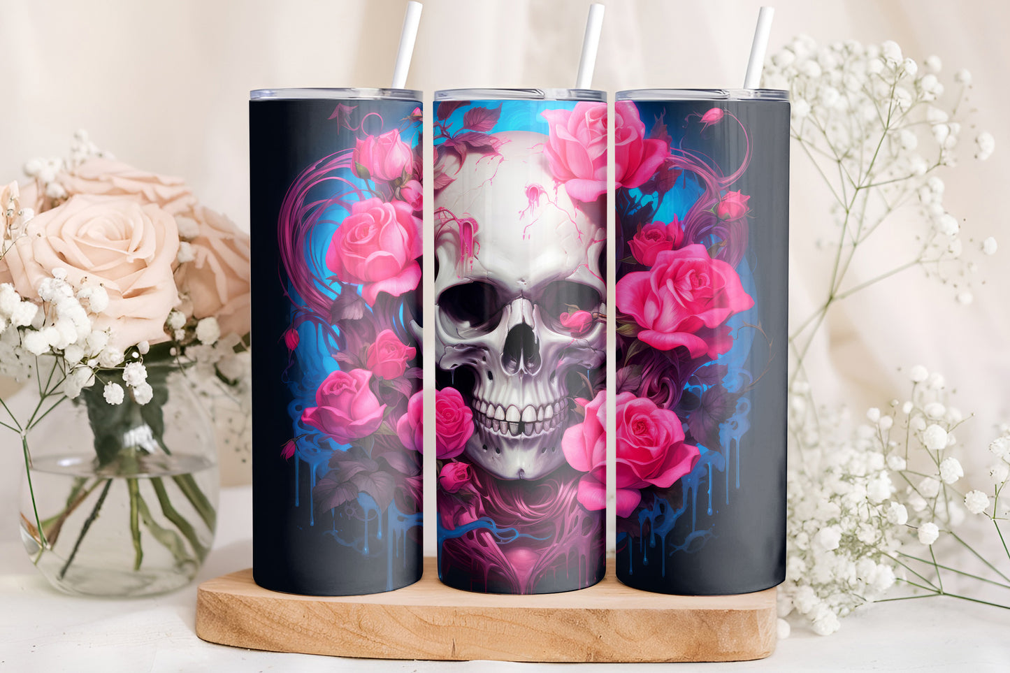 Skull Rose Tumbler Wrap, Gothic Pink Floral Skull Design, 20oz Skinny PNG, Digital Download,PV-TW-00015