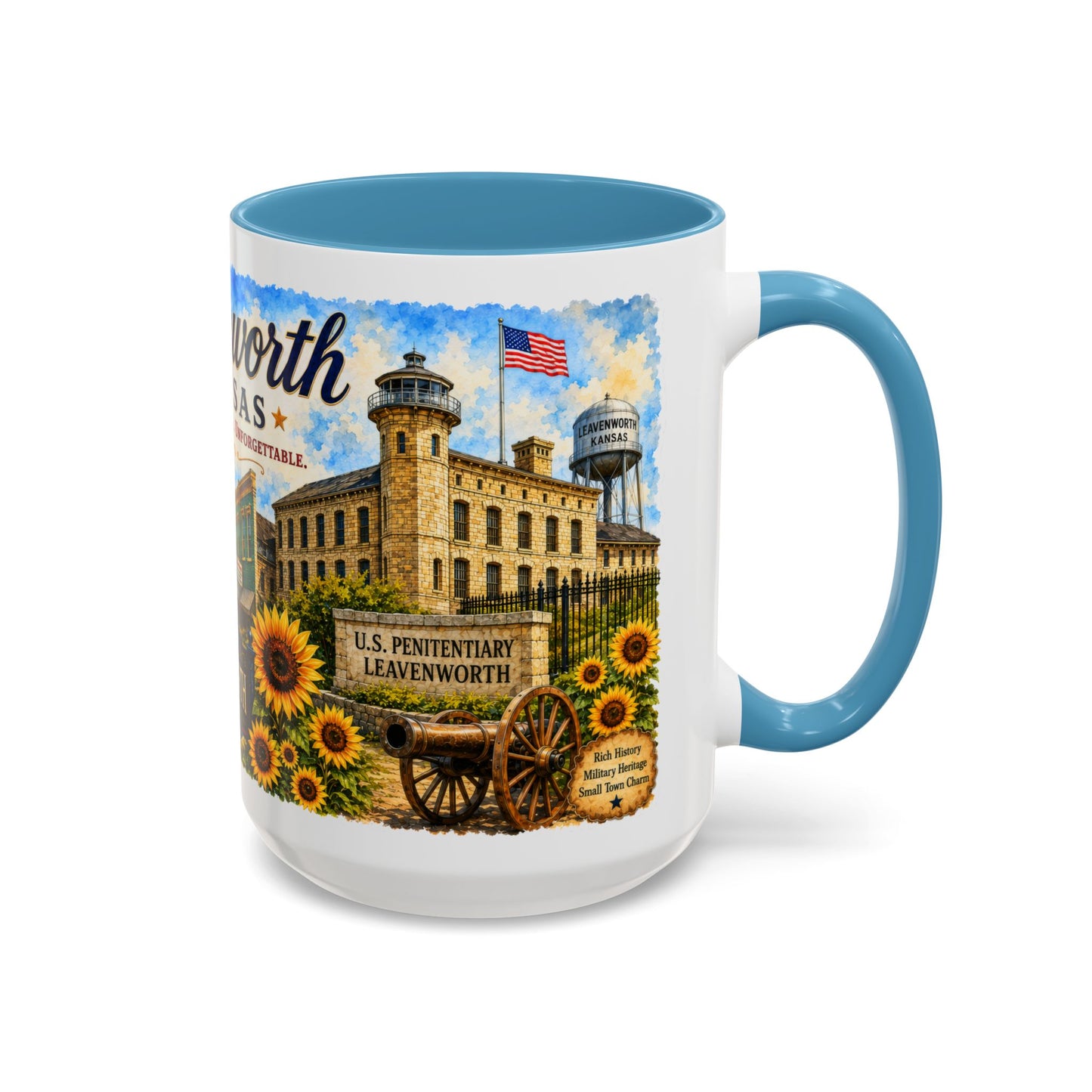 Leavenworth Kansas Scenic Coffee Mug — Sunflowers & Historic Downtown 11oz/15oz