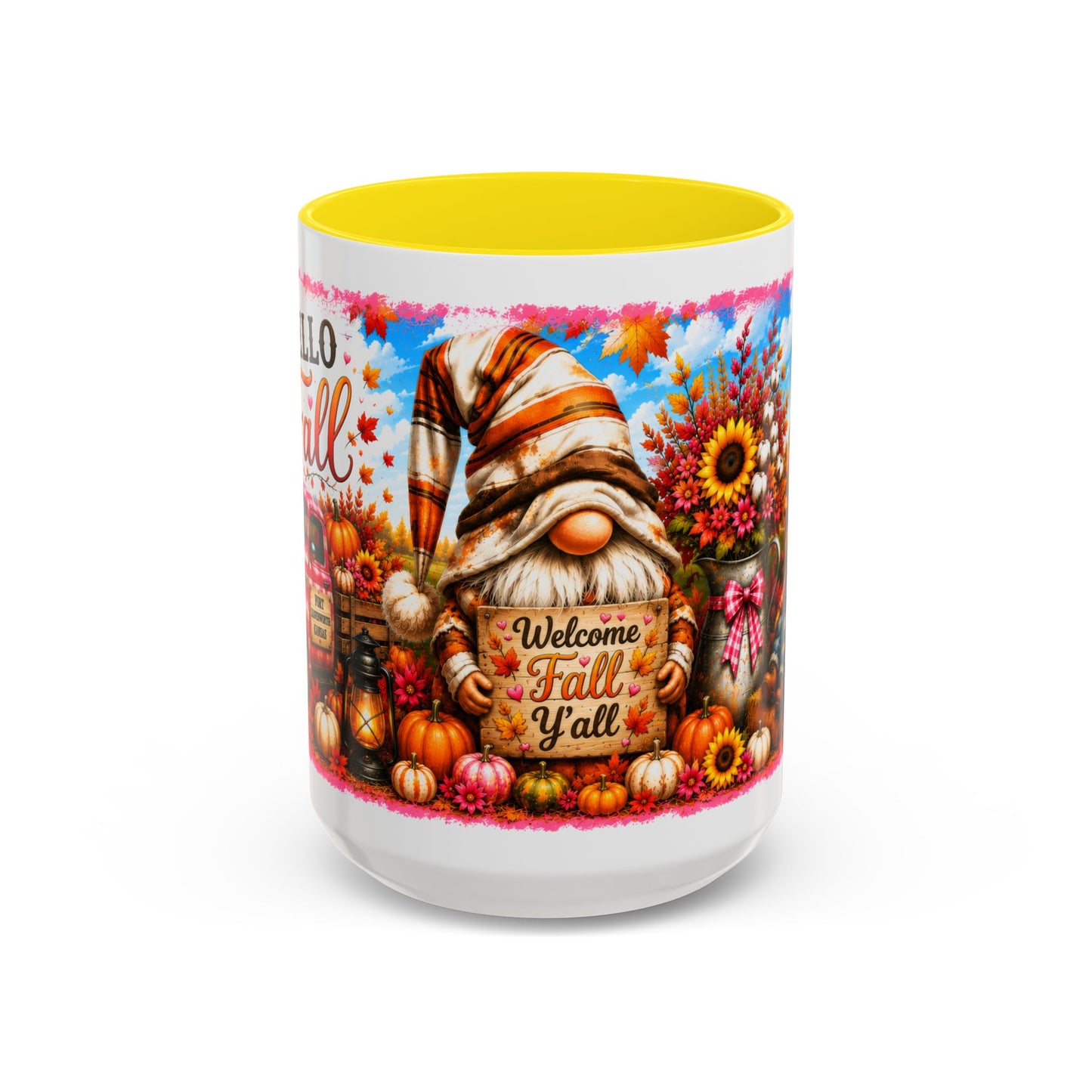 Welcome Fall Y'all Accent Coffee Mug — Autumn Gnome Pumpkin & Sunflower 11/15oz