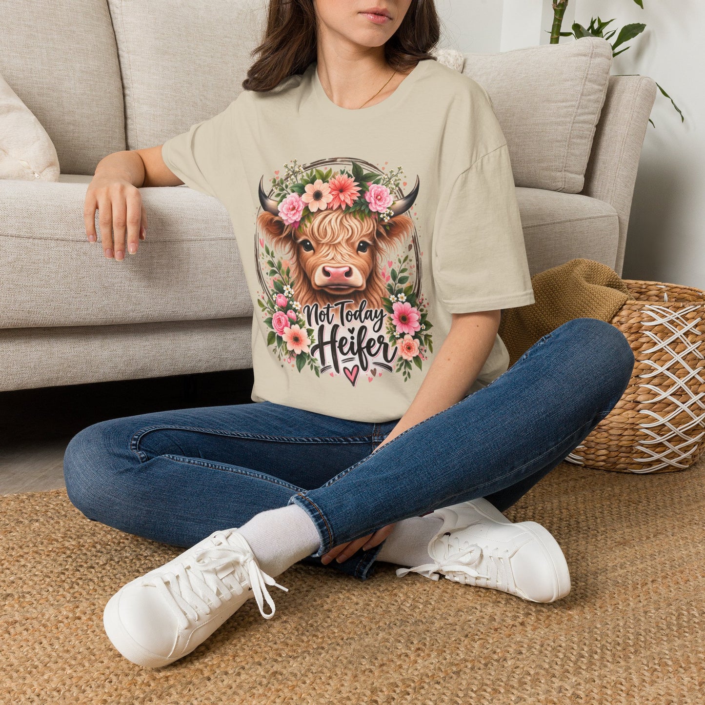 Floral Highland Cow T-Shirt — “Not Today Heifer” Cute Farm Animal Tee