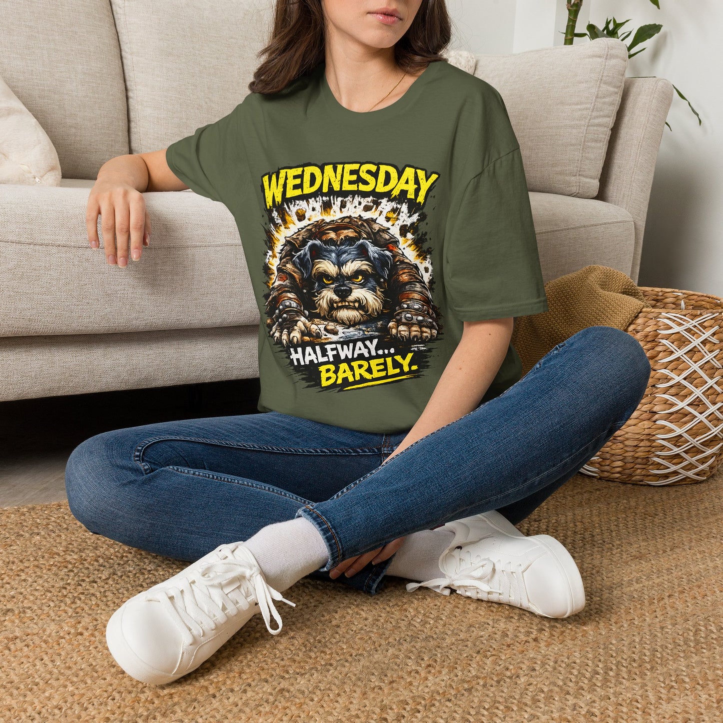 Wednesday T‑Shirt — “Wednesday Halfway… Barely.” Funny Midweek Grumpy Day Shirt