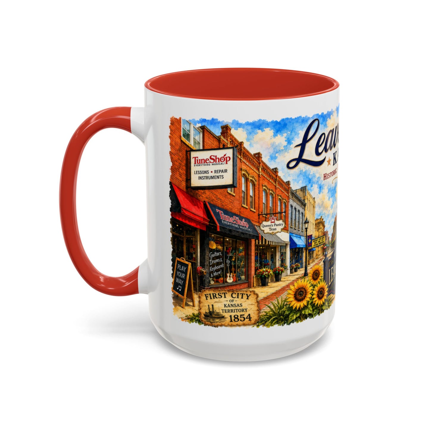 Leavenworth Kansas Scenic Coffee Mug — Sunflowers & Historic Downtown 11oz/15oz