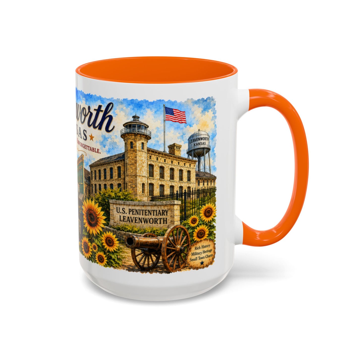 Leavenworth Kansas Scenic Coffee Mug — Sunflowers & Historic Downtown 11oz/15oz