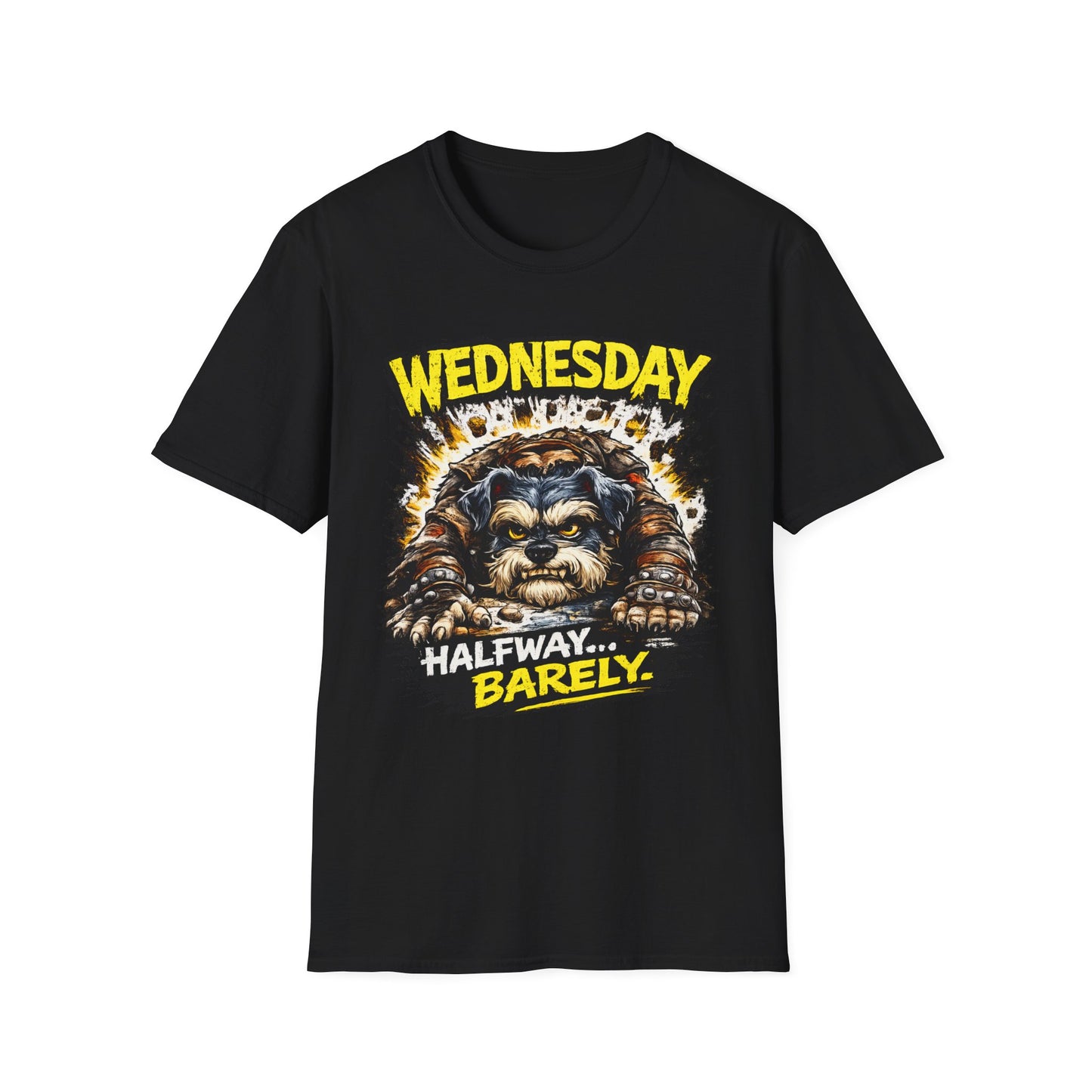 Wednesday T‑Shirt — “Wednesday Halfway… Barely.” Funny Midweek Grumpy Day Shirt