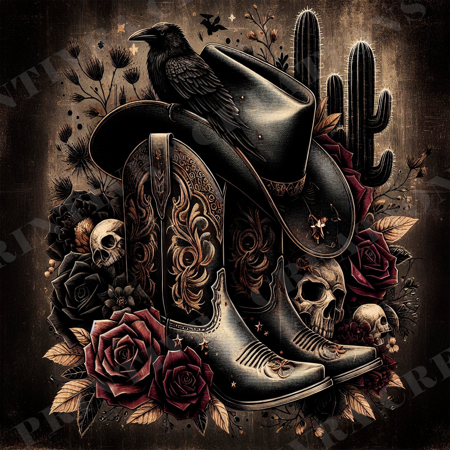 Gothic Western Cowboy Boots Roses 20oz Skinny Tumbler Wrap Bundle PNG JPG - PV-TW-00023