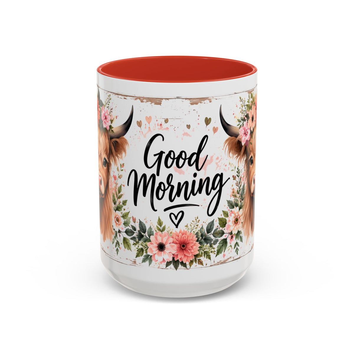 Good Morning Cow Accent Coffee Mug — Floral Highland Cow Ceramic Mug (11/15oz)