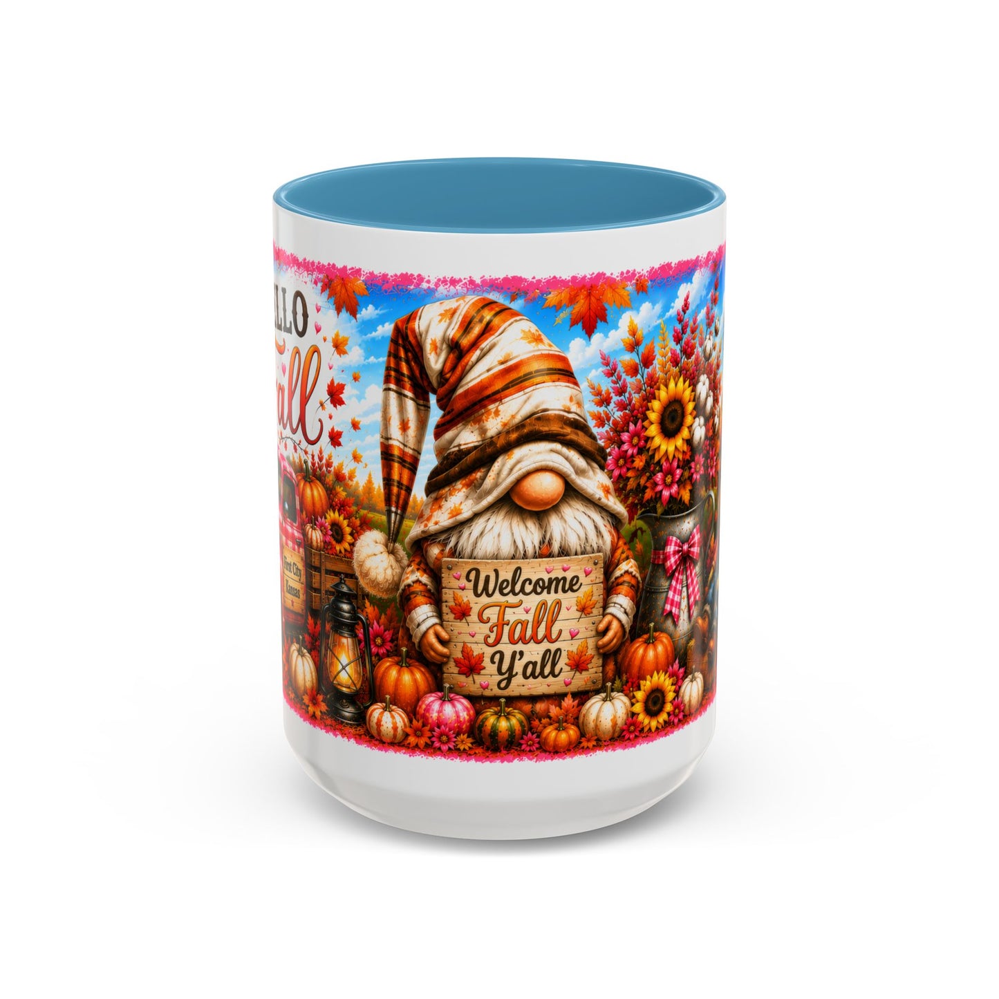 Welcome Fall Y'all Coffee Mug — Autumn Gnome Sunflowers Pumpkin Decor (First City, Kansas)