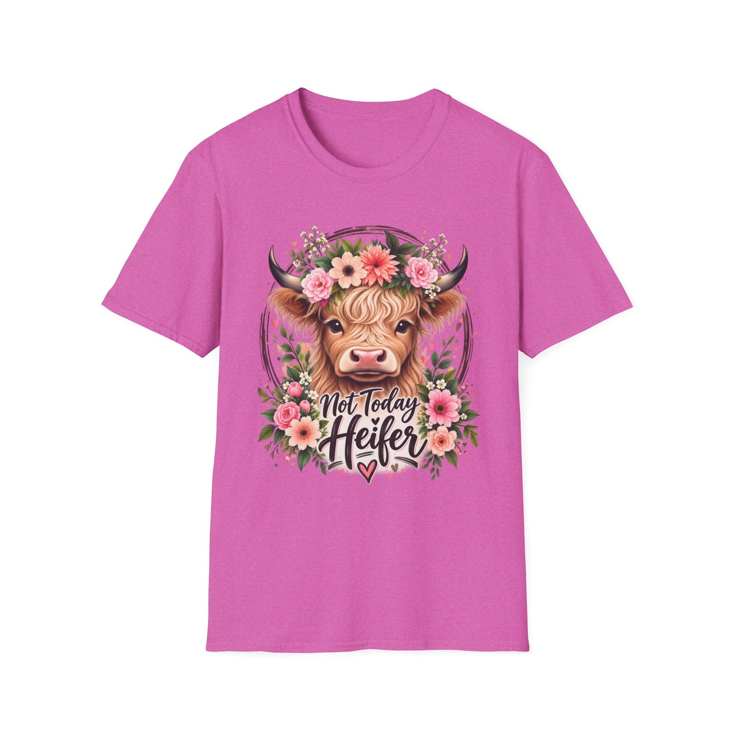 Floral Highland Cow T-Shirt — “Not Today Heifer” Cute Farm Animal Tee