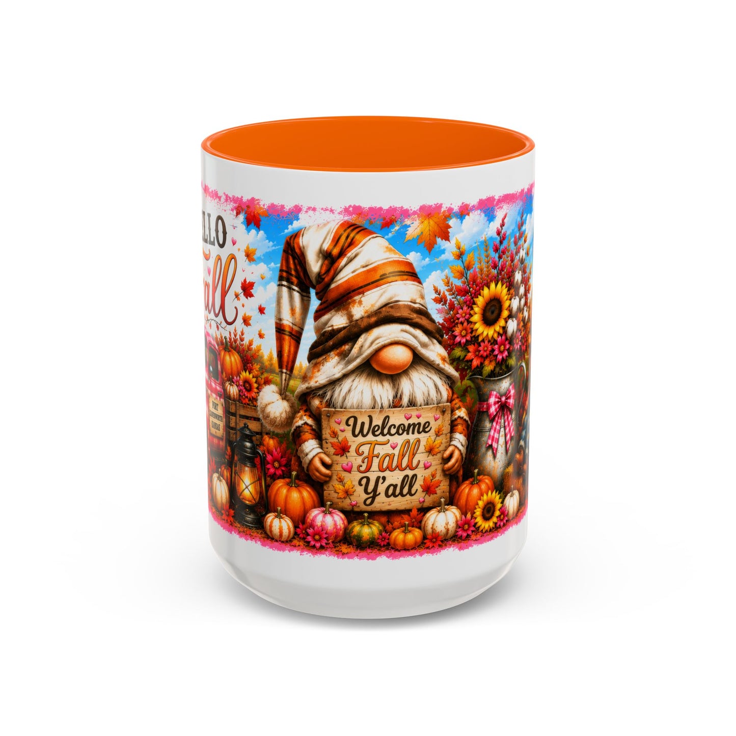 Welcome Fall Y'all Accent Coffee Mug — Autumn Gnome Pumpkin & Sunflower 11/15oz