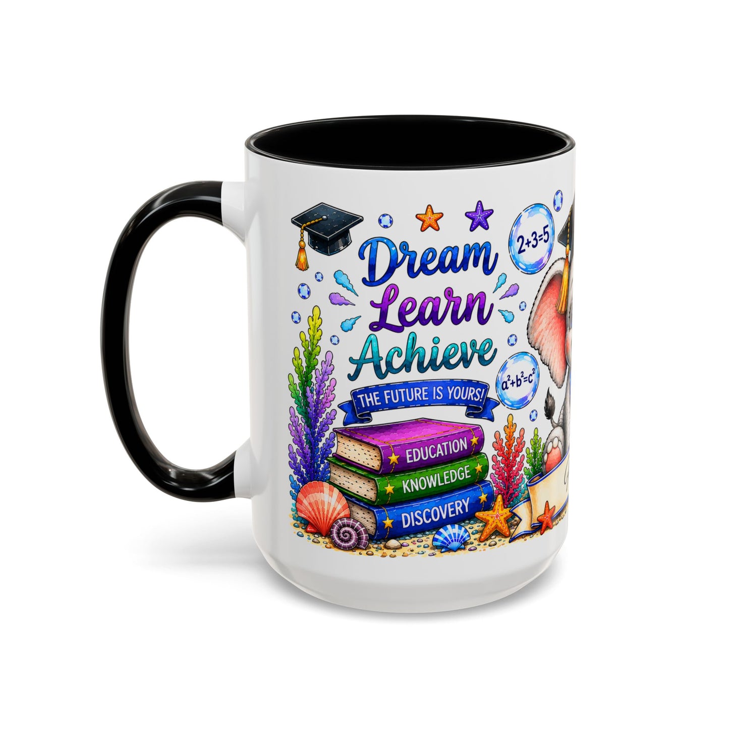 Graduation Elephant Coffee Mug — Cute Grad Cap Design with 'Stay Curious, Never Give Up' Books (11/15oz)