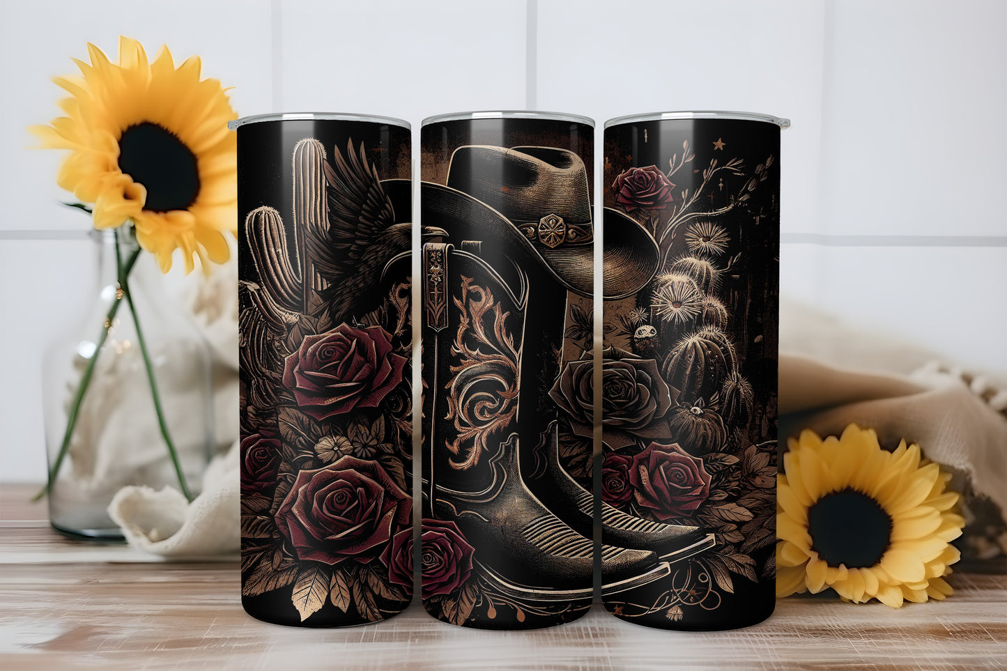 Gothic Western Cowboy Boots Roses 20oz Skinny Tumbler Wrap Bundle PNG JPG - PV-TW-00023
