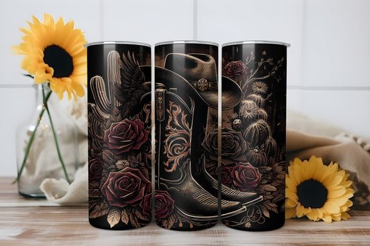 Gothic Western Cowboy Boots Roses 20oz Skinny Tumbler Wrap Bundle PNG JPG - PV-TW-00023