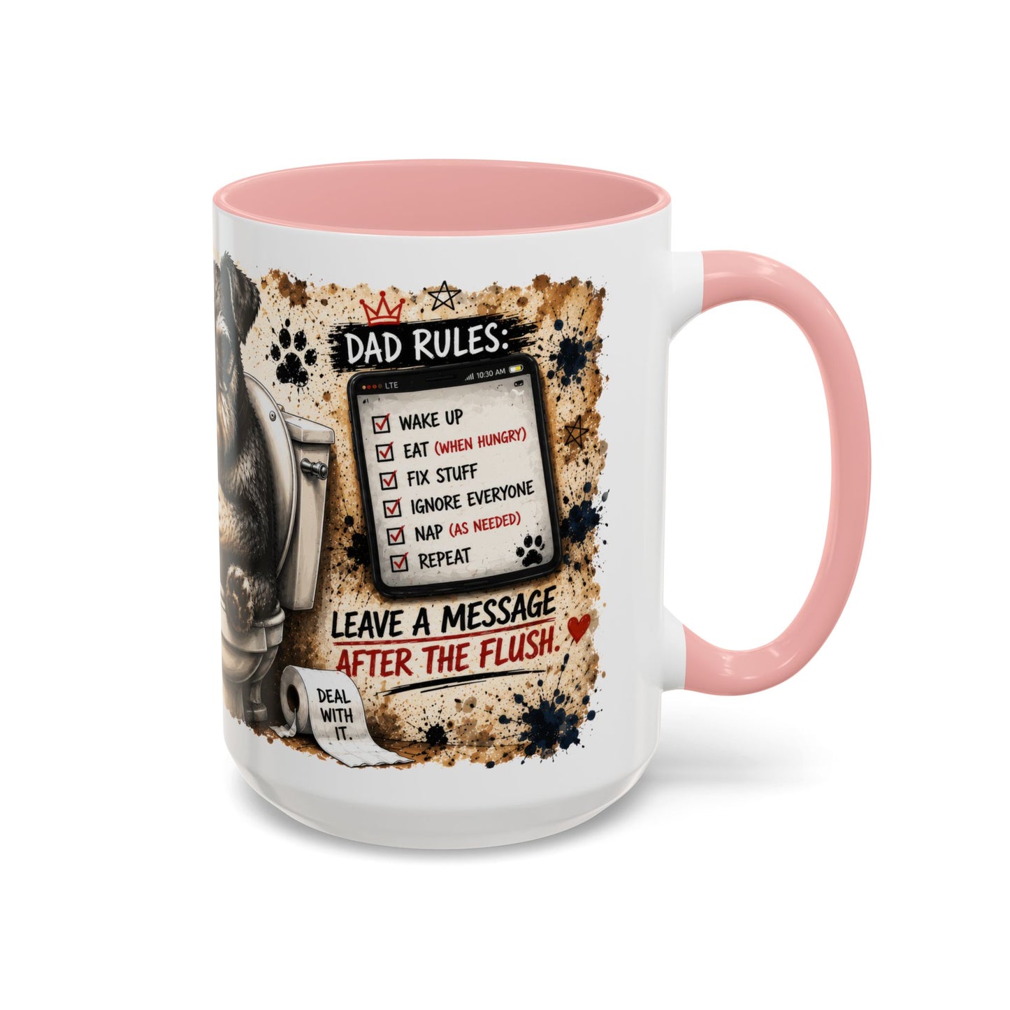 Dad Rules Coffee Mug — Funny Toilet Bulldog Design, "Leave a Message After the Flush" Accent Mug (11/15oz)