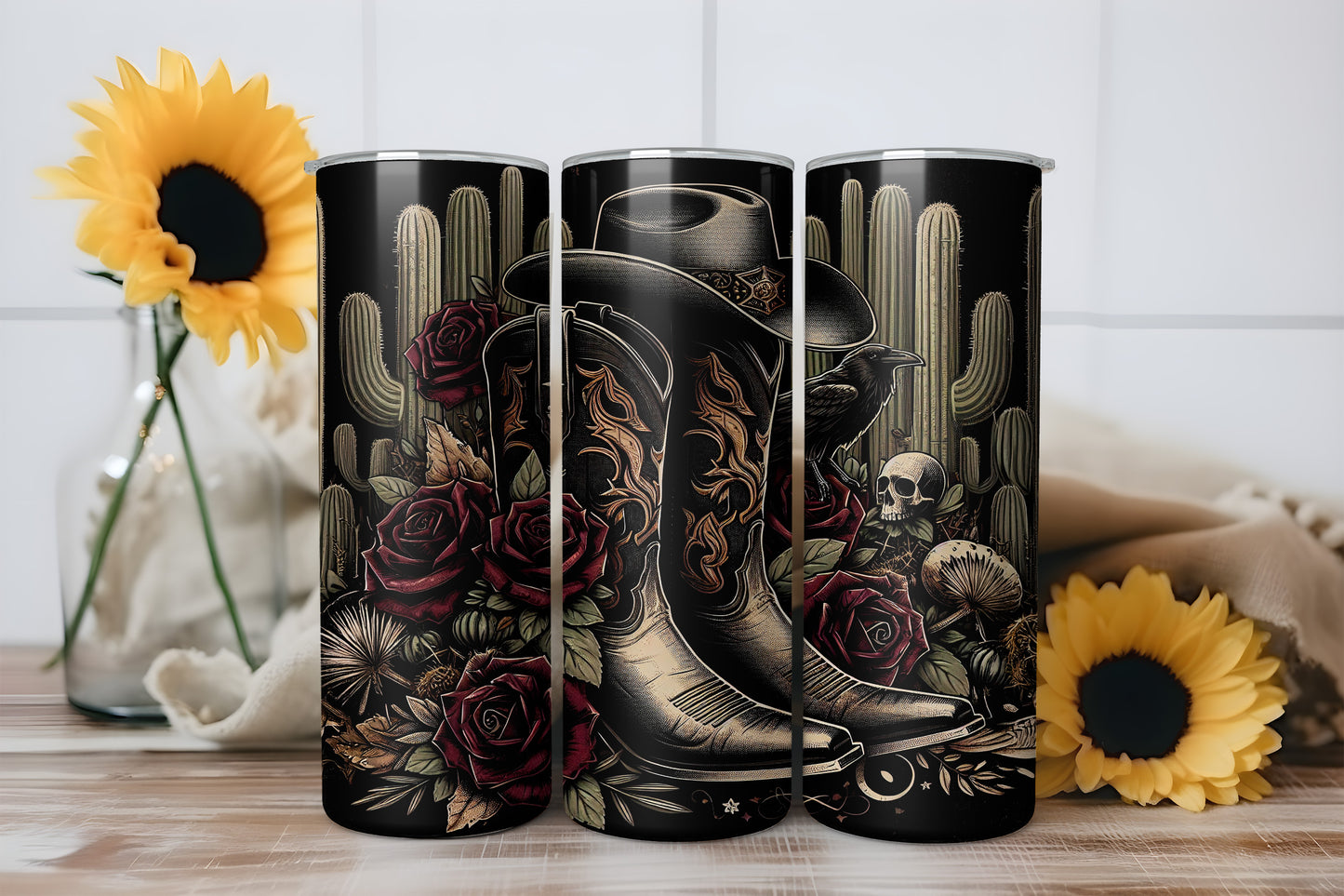Gothic Western Cowboy Boots Roses 20oz Skinny Tumbler Wrap Bundle PNG JPG - PV-TW-00023