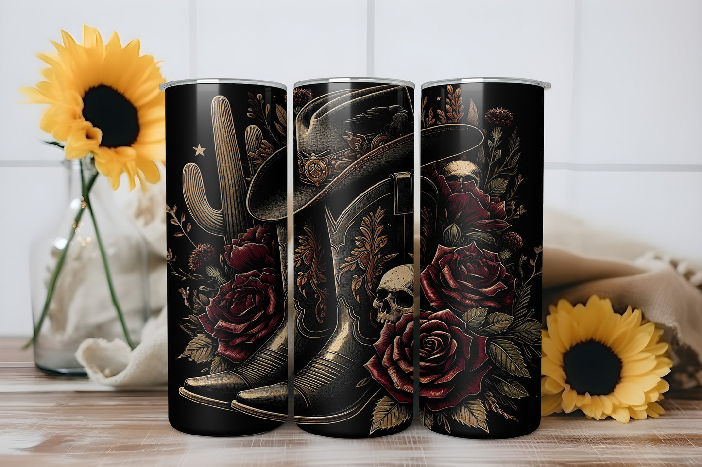 Gothic Western Cowboy Boots Roses 20oz Skinny Tumbler Wrap Bundle PNG JPG - PV-TW-00023