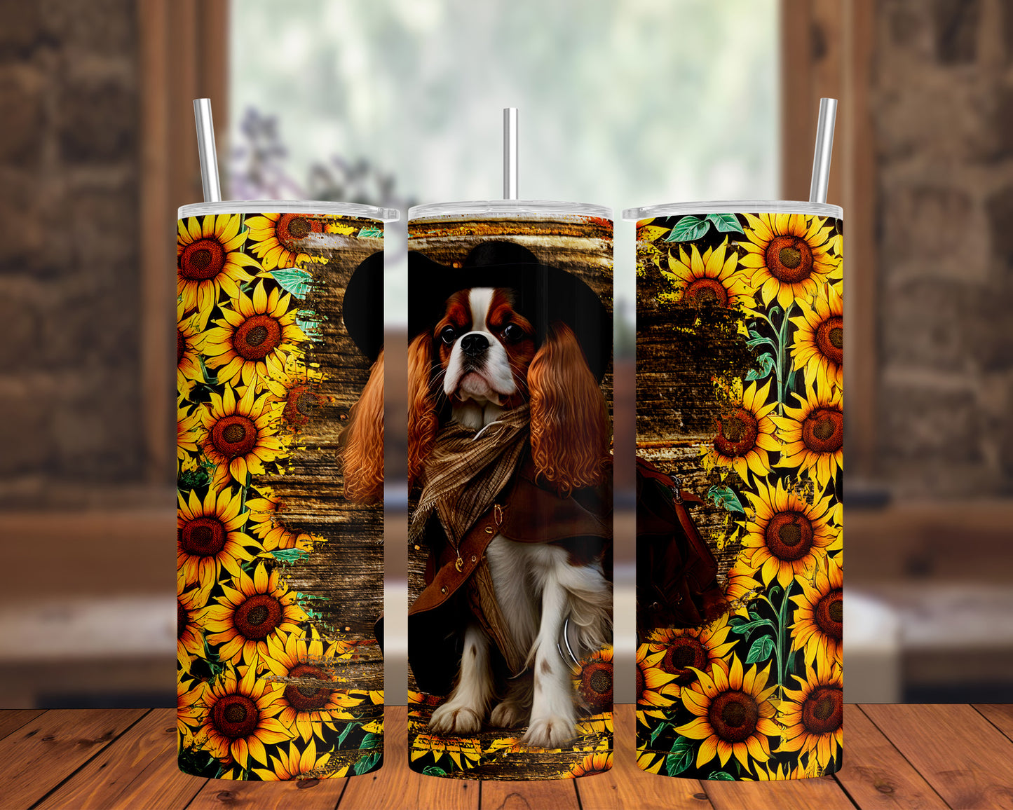 Cowboy Cavalier King Charles Spaniel Sunflower 20oz Skinny Tumbler Wrap PNG JPG - PV-TW-00021