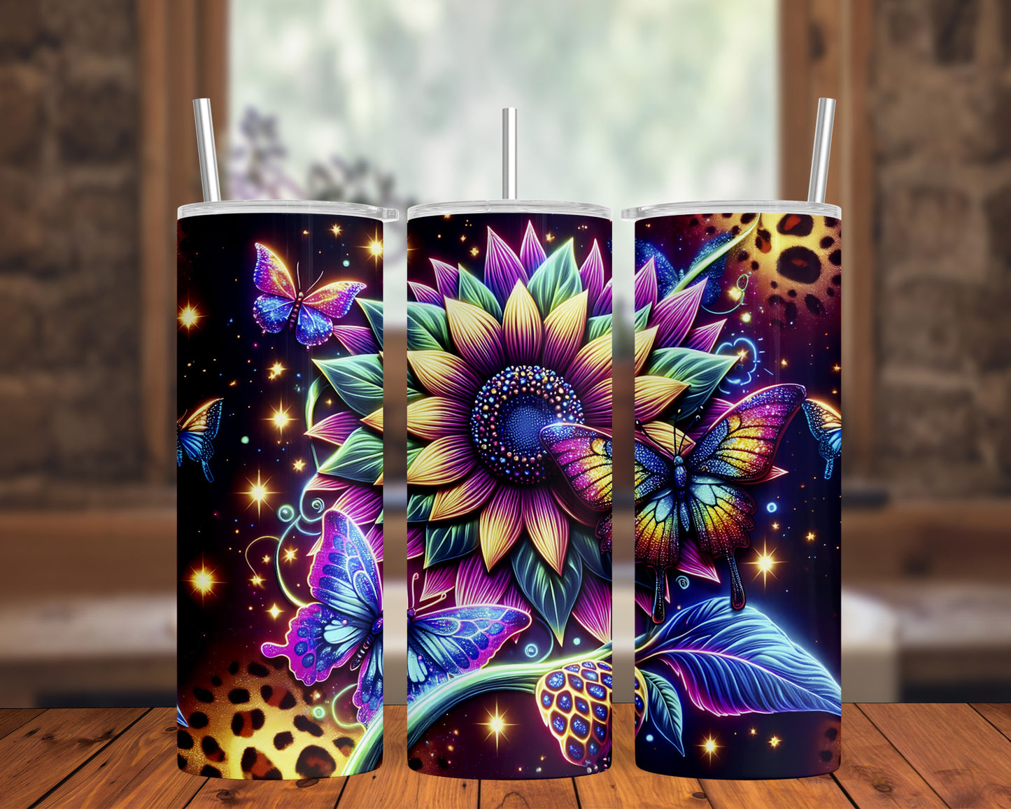 Neon Sunflower Butterflies 20oz Skinny Tumbler Wrap PNG JPG - PV-TW-00025