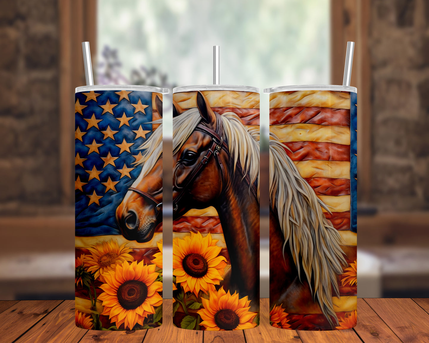Patriotic Horse Sunflower American Flag 20oz Skinny Tumbler Wrap PNG JPG - PV-TW-00027