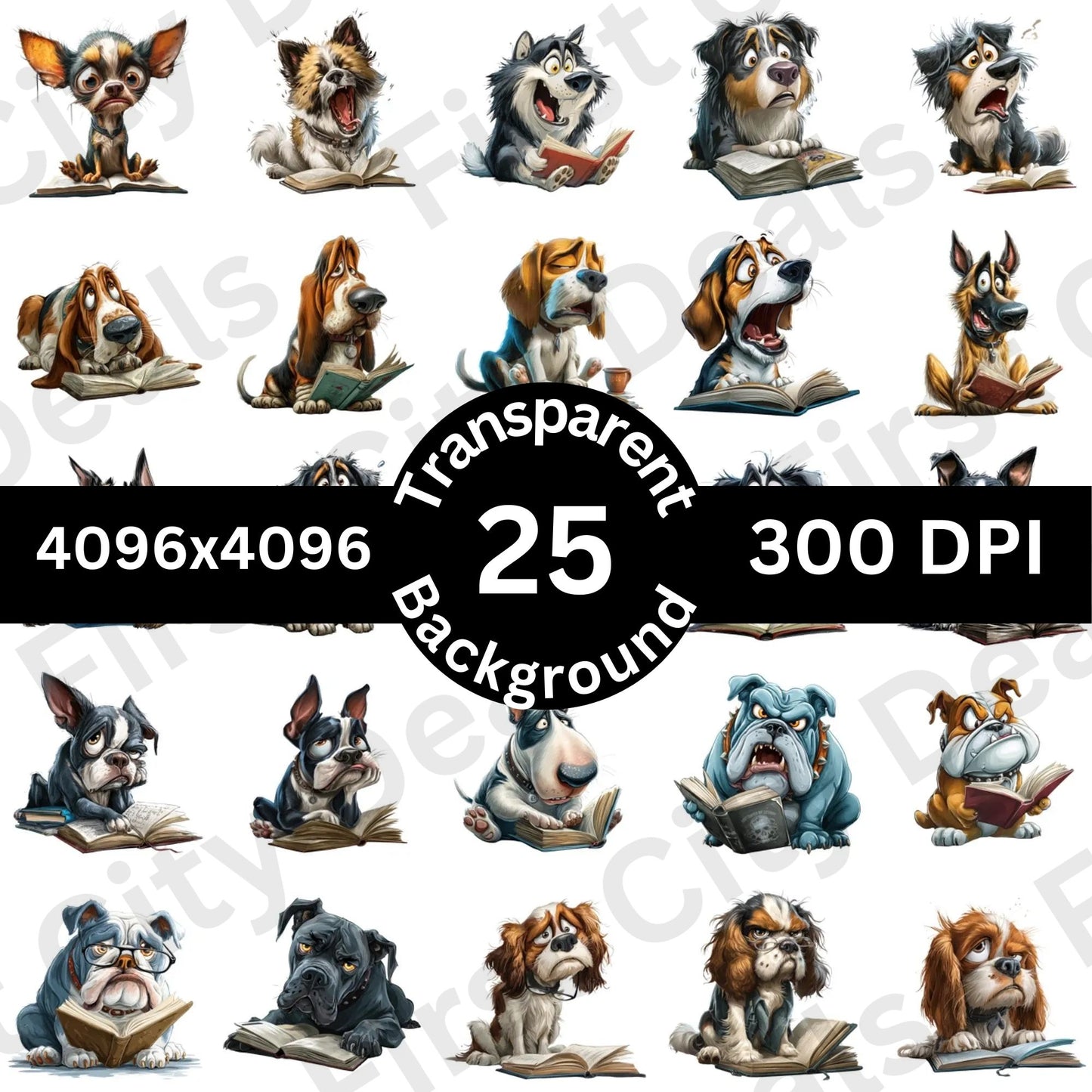 Funny Reading Dogs Clipart Bundle – 25 PNG Transparent Dog Characters, Cute Cartoon Dog Graphics for Sublimation, Stickers & Print Designs