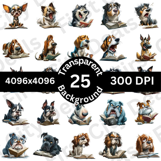 Funny Reading Dogs Clipart Bundle – 25 PNG Transparent Dog Characters, Cute Cartoon Dog Graphics for Sublimation, Stickers & Print Designs