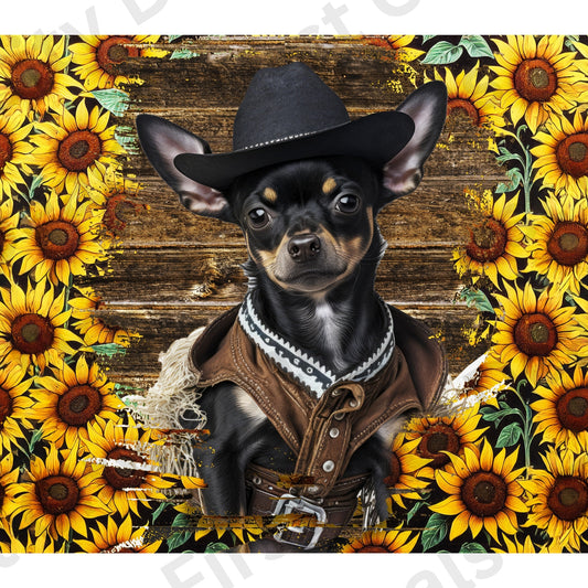 Cowboy Chihuahua Tumbler Wrap, Western Dog Sunflower Design, 20oz Skinny PNG, Digital Download, PV-TW-00010