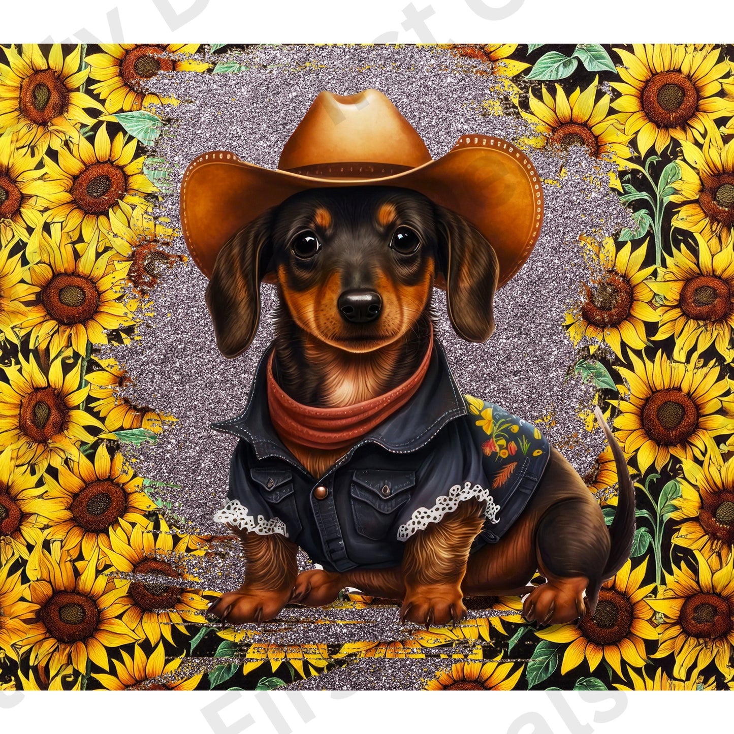 Dachshund Sunflower Tumbler Wrap, Cowboy Wiener Dog Western Design, 20oz Skinny PNG, Digital Download, PV-TW-00014
