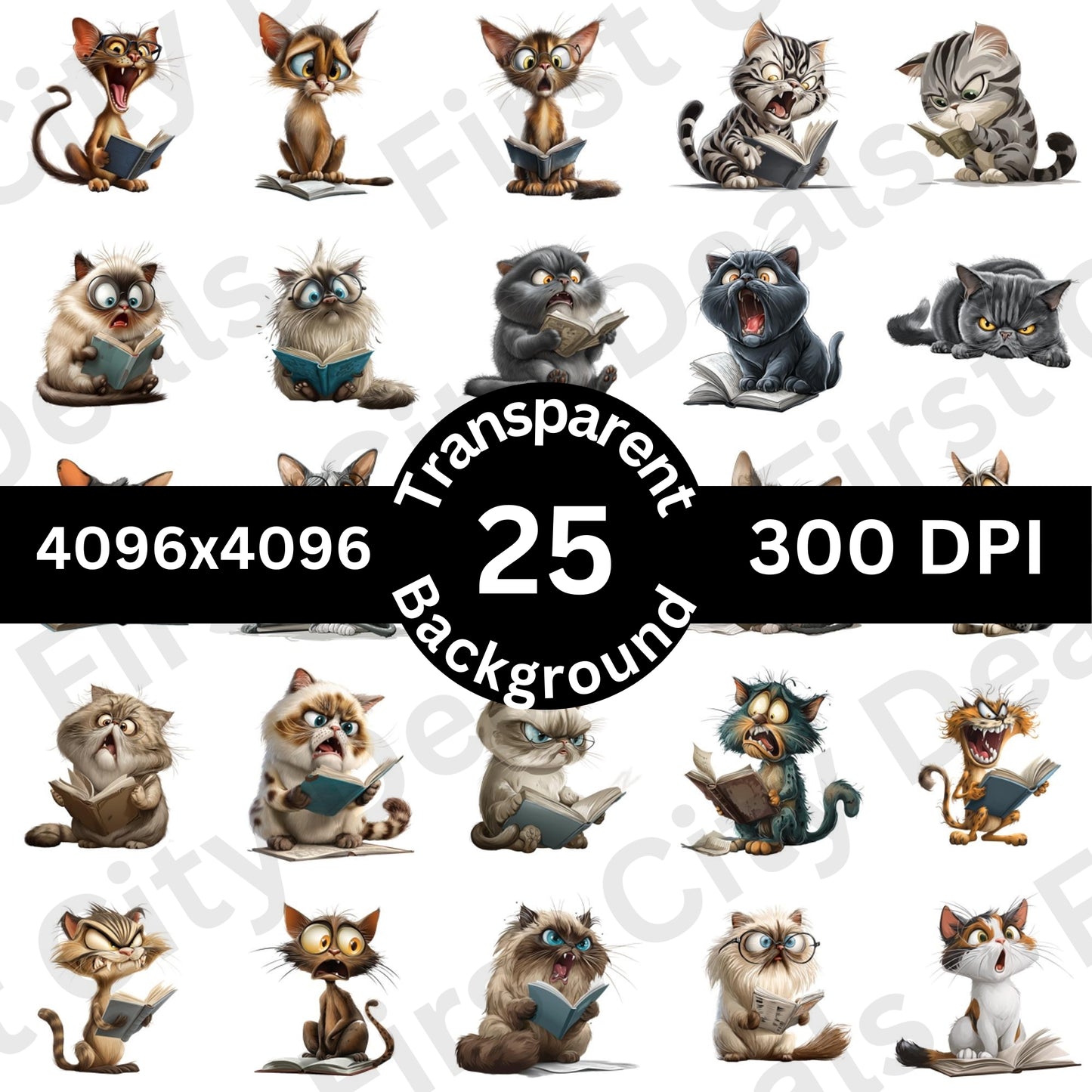 Funny Reading Cats Clipart Bundle – 25 PNG Transparent Book Lover Cats, Cute Cartoon Cat Graphics for Sublimation, Stickers & Print Designs