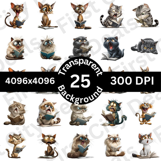 Funny Reading Cats Clipart Bundle – 25 PNG Transparent Book Lover Cats, Cute Cartoon Cat Graphics for Sublimation, Stickers & Print Designs