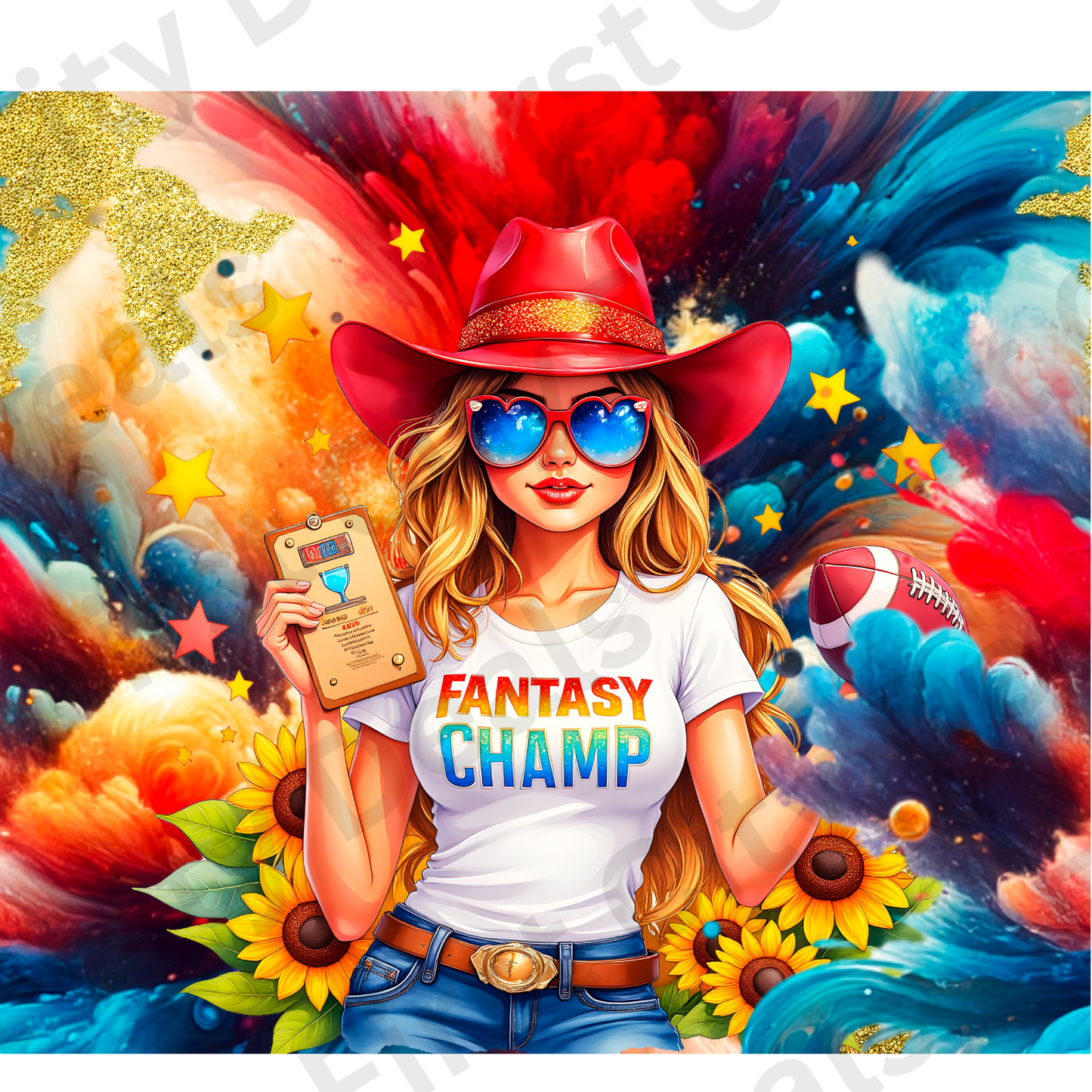 Fantasy Champ Cowgirl Sunflower Football 20oz Skinny Tumbler Wrap PNG - PV-TW-00018