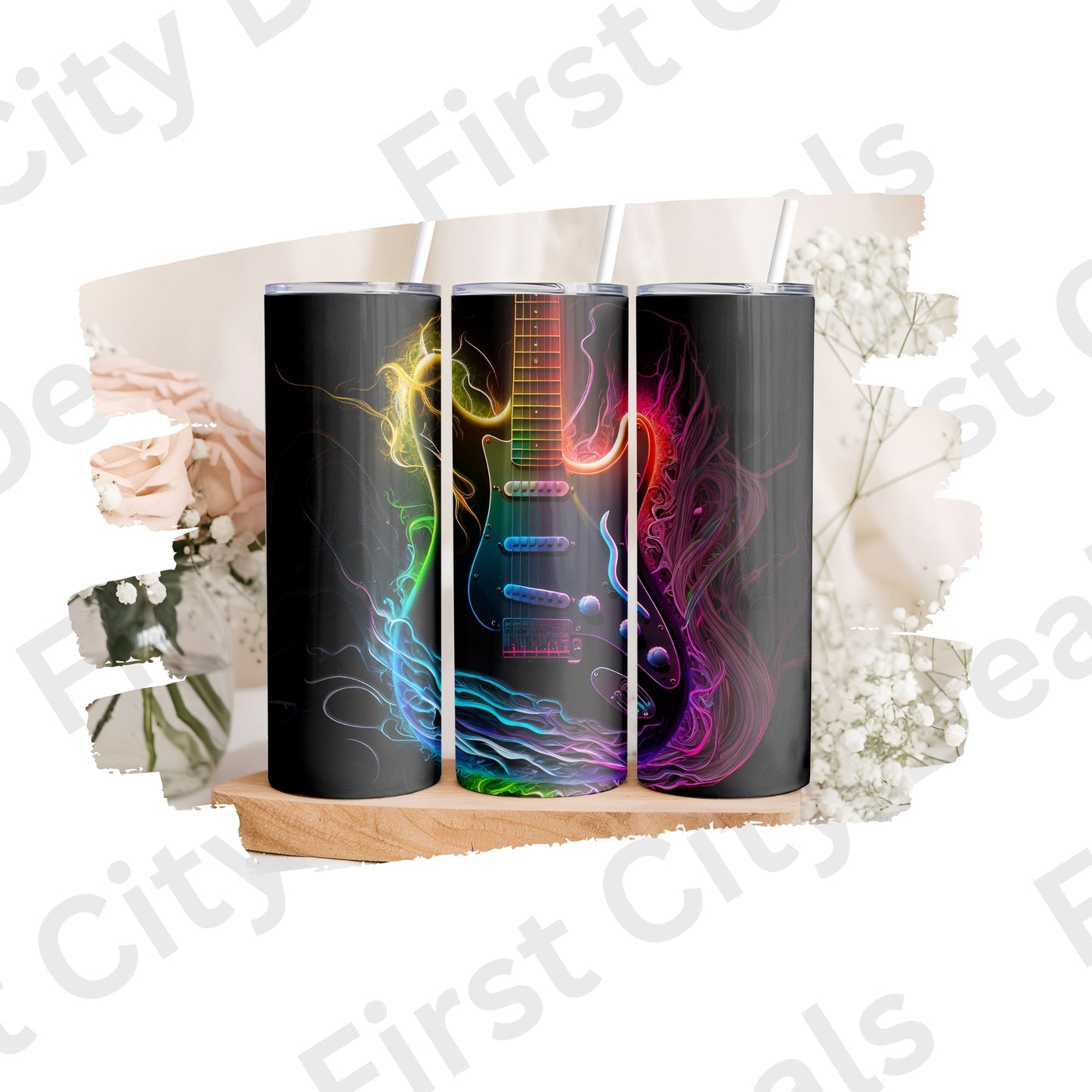 Neon Electric Guitar Tumbler Wrap, Rock Music Design, 20oz Skinny PNG, Digital Download, PV-TW-00003