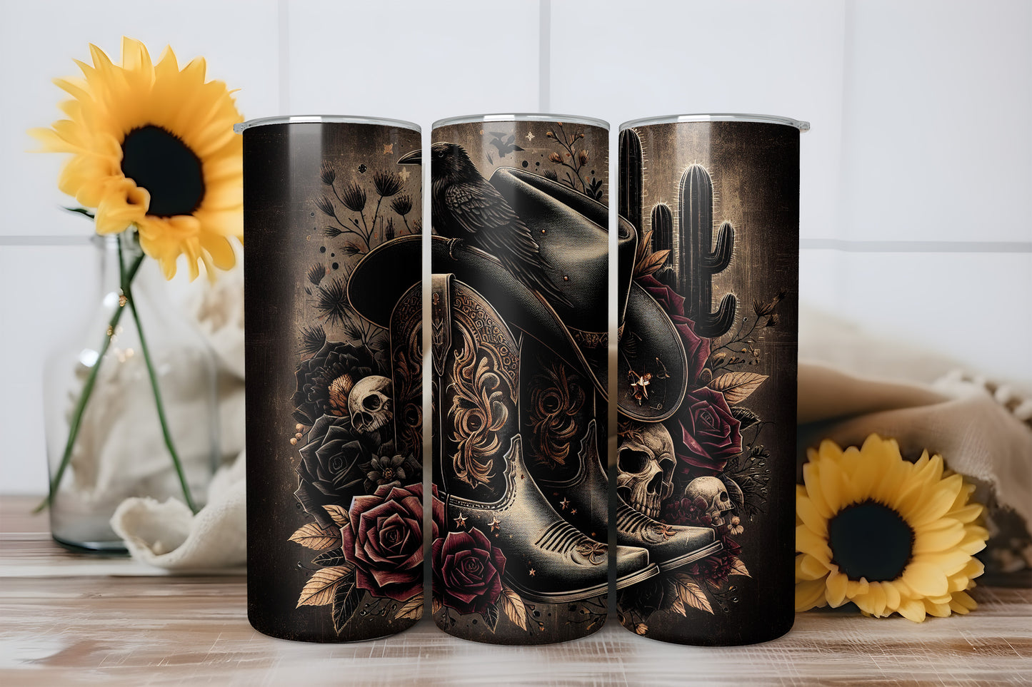 Gothic Western Cowboy Boots Roses 20oz Skinny Tumbler Wrap Bundle PNG JPG - PV-TW-00023