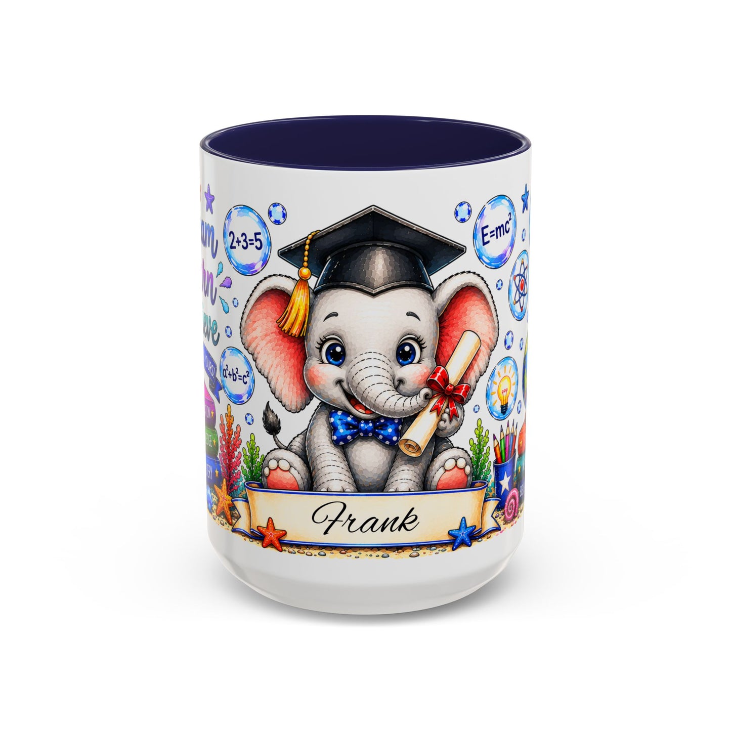 Graduation Elephant Coffee Mug — Cute Grad Cap Design with 'Stay Curious, Never Give Up' Books (11/15oz)