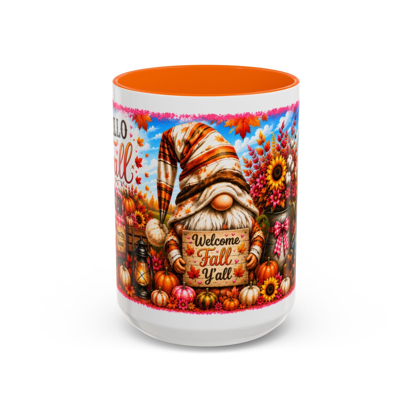 Welcome Fall Y'all Coffee Mug — Autumn Gnome Sunflowers Pumpkin Decor (First City, Kansas)