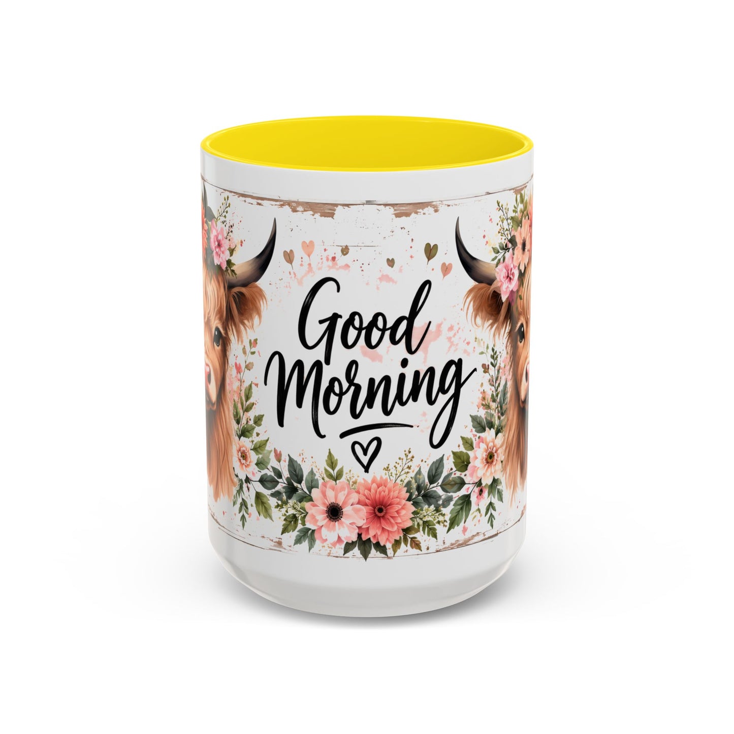 Good Morning Cow Accent Coffee Mug — Floral Highland Cow Ceramic Mug (11/15oz)