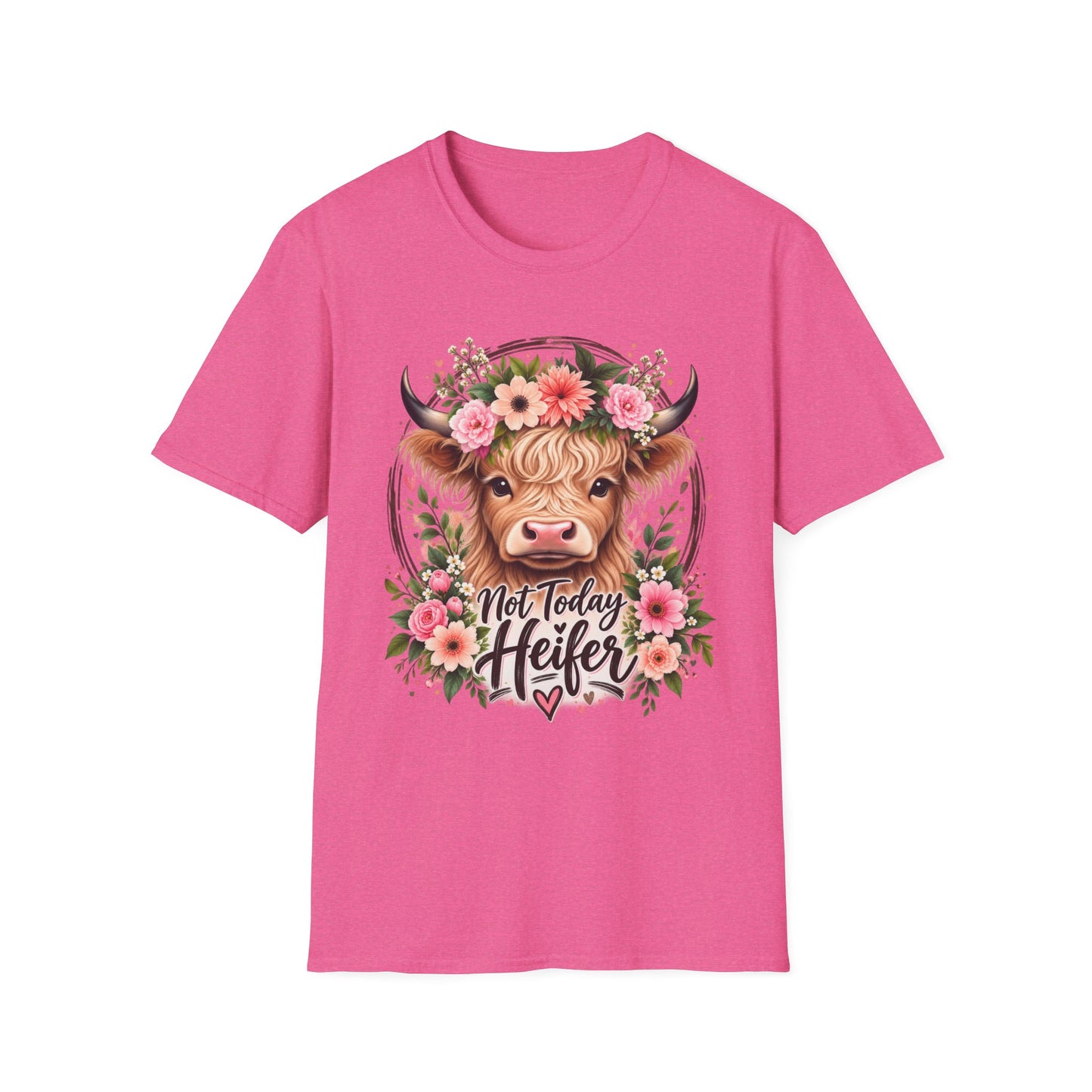 Floral Highland Cow T-Shirt — “Not Today Heifer” Cute Farm Animal Tee