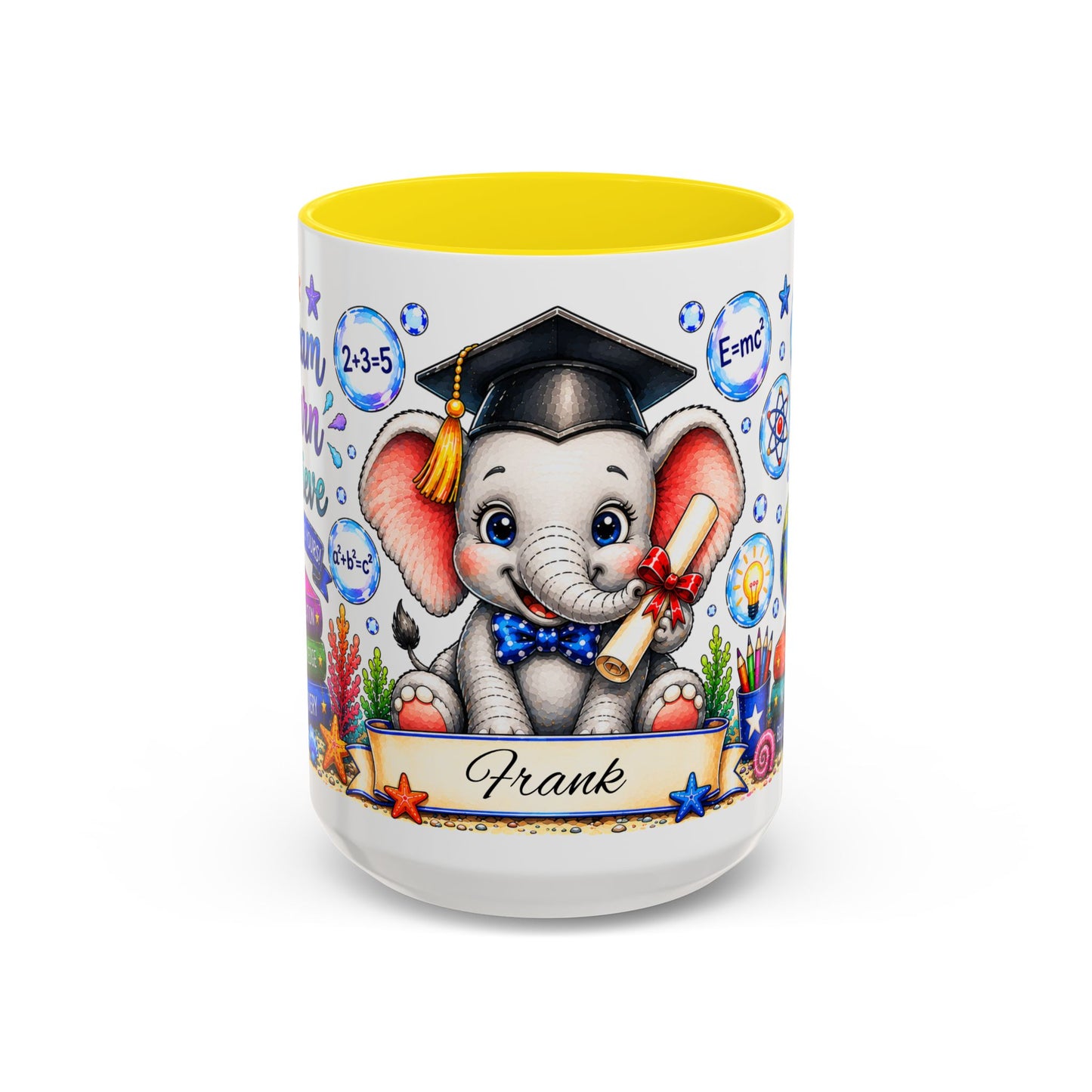 Graduation Elephant Coffee Mug — Cute Grad Cap Design with 'Stay Curious, Never Give Up' Books (11/15oz)