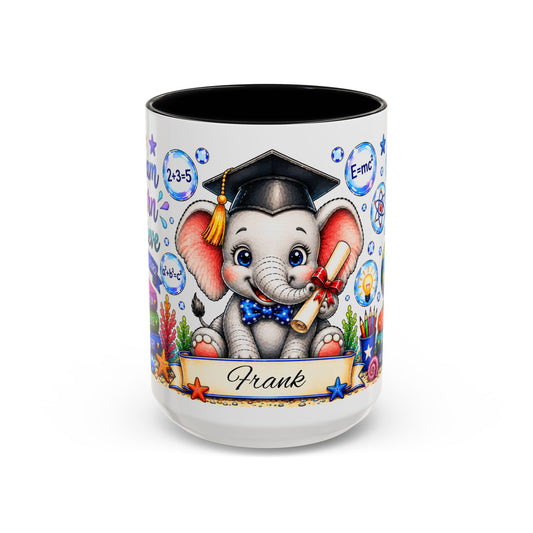 Graduation Elephant Coffee Mug — Cute Grad Cap Design with 'Stay Curious, Never Give Up' Books (11/15oz)