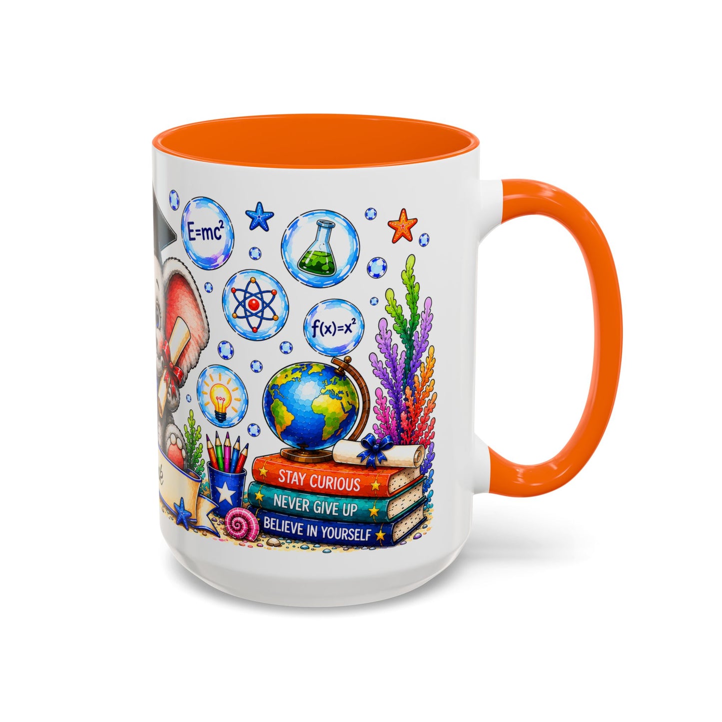 Graduation Elephant Coffee Mug — Cute Grad Cap Design with 'Stay Curious, Never Give Up' Books (11/15oz)