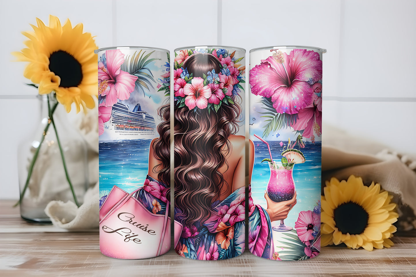 Cruise Life Tumbler Wrap, Tropical Vacation Girl Design, 20oz Skinny PNG, Digital Download, PV-TW-00011
