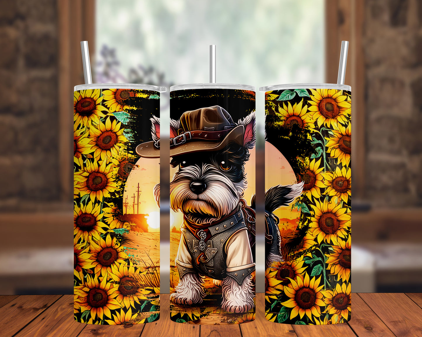 Cowboy Schnauzer Sunflower Western 20oz Skinny Tumbler Wrap PNG JPG - PV-TW-00022