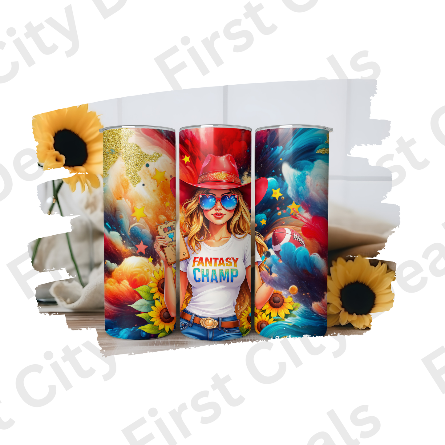 Fantasy Champ Cowgirl Sunflower Football 20oz Skinny Tumbler Wrap PNG - PV-TW-00018