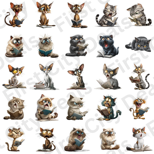 Funny Reading Cats Clipart Bundle – 25 PNG Transparent Book Lover Cats, Cute Cartoon Cat Graphics for Sublimation, Stickers & Print Designs