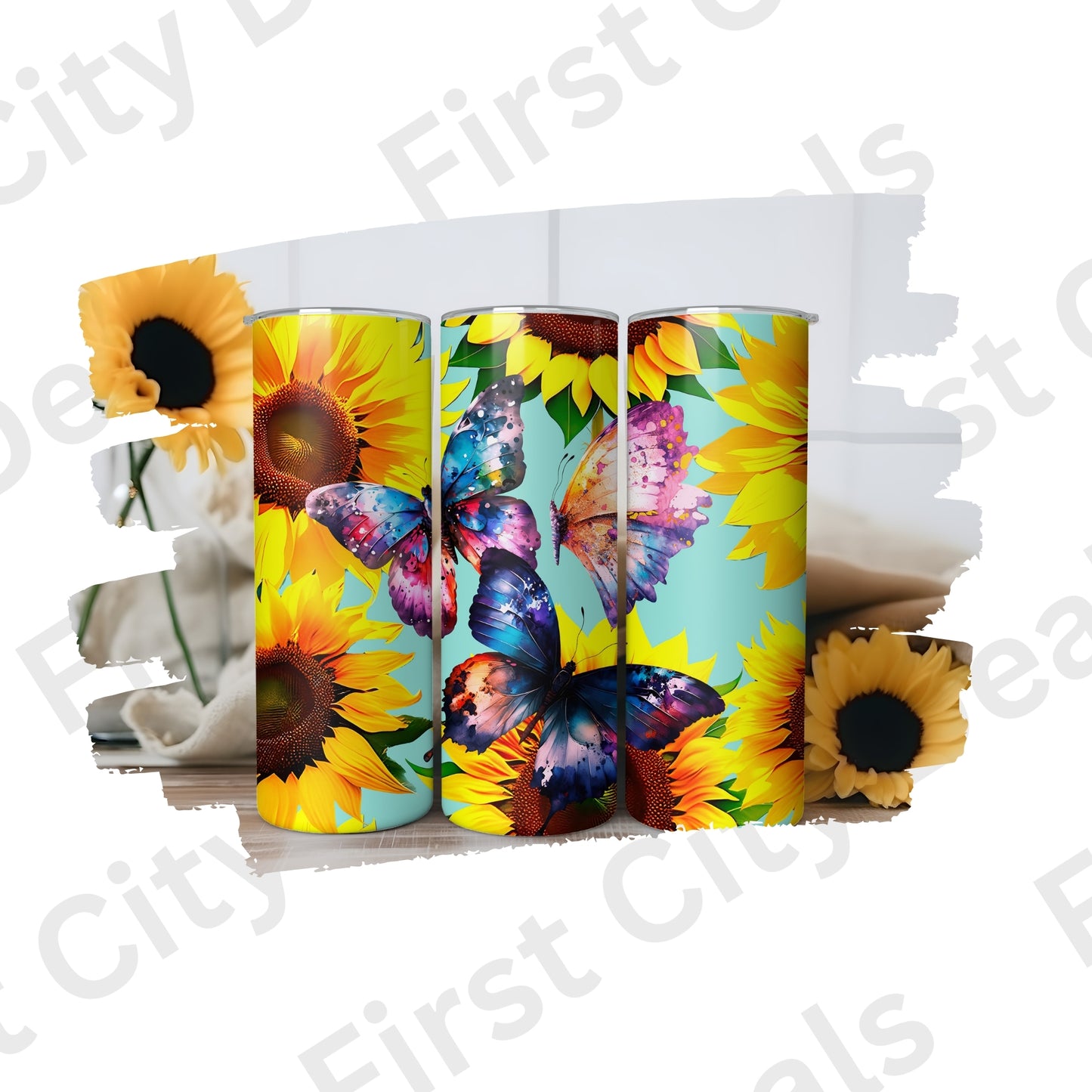 Sunflower Butterfly Tumbler Wrap, Floral Design, 20oz Skinny PNG, Digital Download, PV-TW-00001