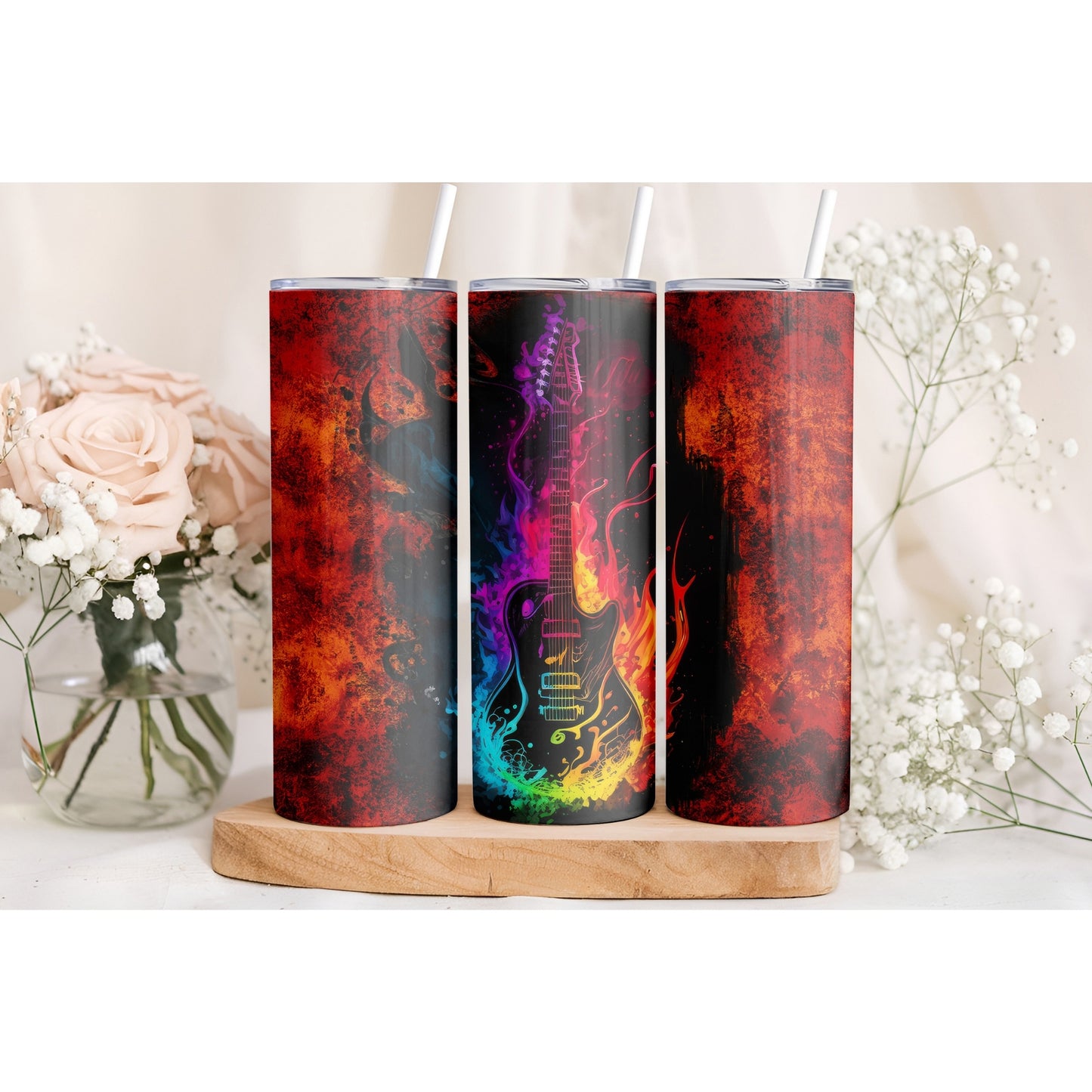 Electric Guitar Flame Tumbler Wrap, Rock Music Design, 20oz Skinny PNG, Digital Download, PV-TW-00002