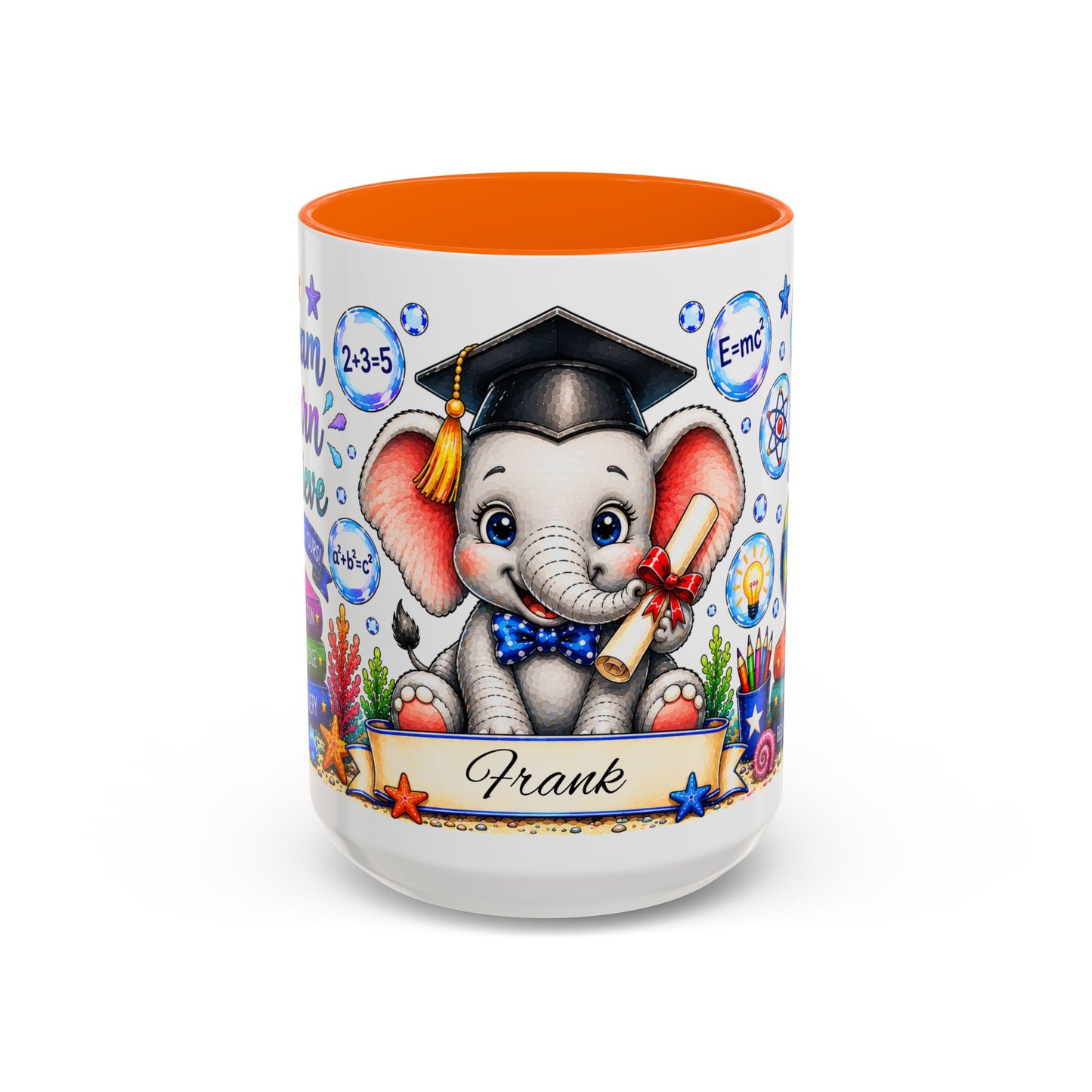 Graduation Elephant Coffee Mug — Cute Grad Cap Design with 'Stay Curious, Never Give Up' Books (11/15oz)