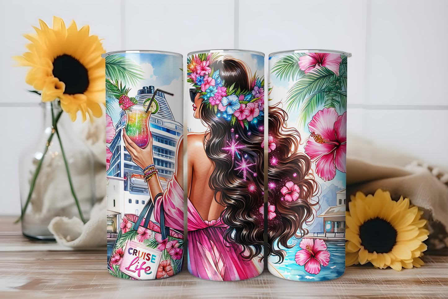 Cruise Life Tumbler Wrap, Tropical Vacation Girl Design, 20oz Skinny PNG, Digital Download, PV-TW-00011