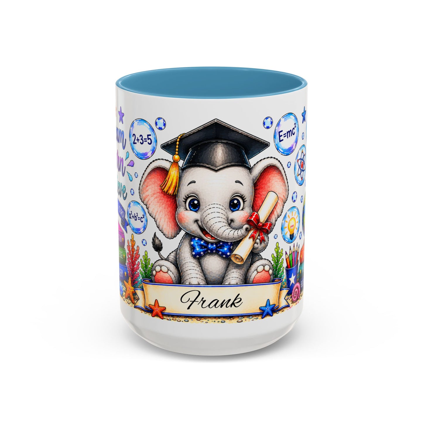 Graduation Elephant Coffee Mug — Cute Grad Cap Design with 'Stay Curious, Never Give Up' Books (11/15oz)