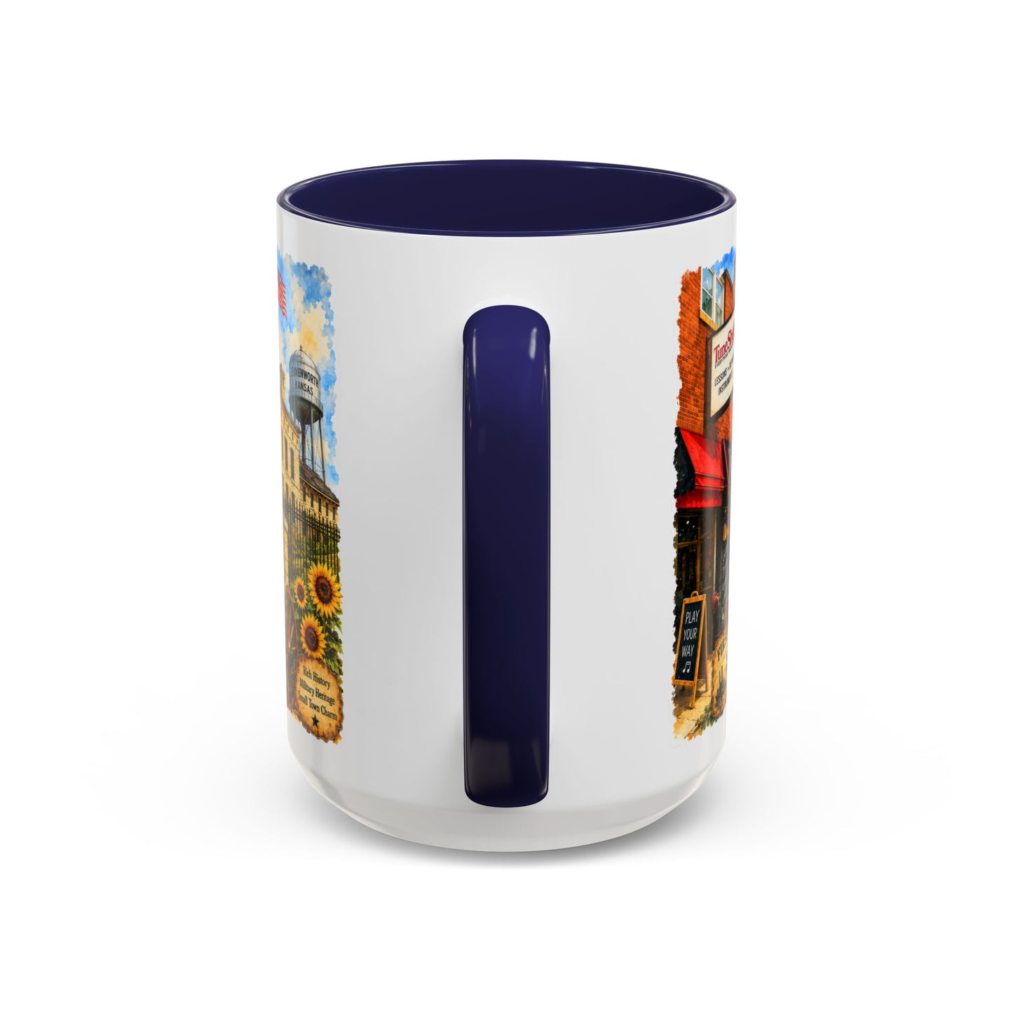 Leavenworth Kansas Scenic Coffee Mug — Sunflowers & Historic Downtown 11oz/15oz