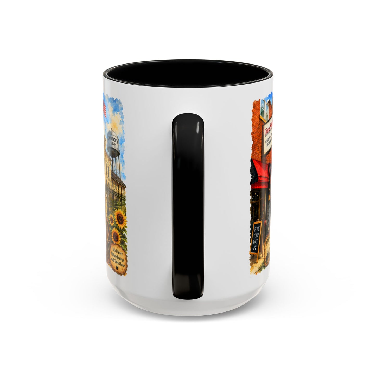 Leavenworth Kansas Scenic Coffee Mug — Sunflowers & Historic Downtown 11oz/15oz