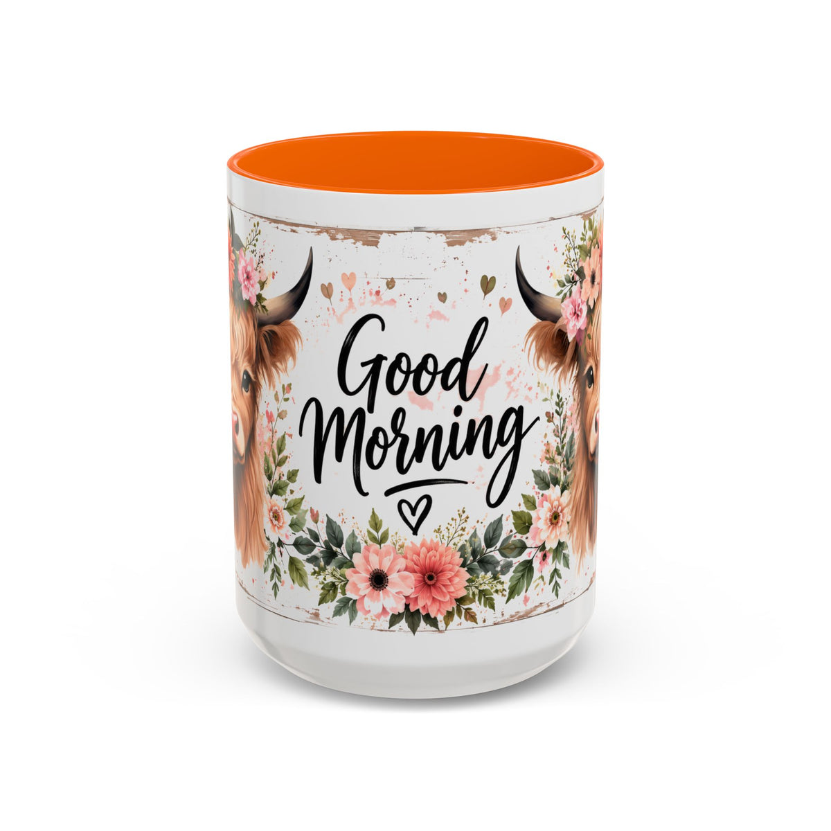 Good Morning Cow Accent Coffee Mug — Floral Highland Cow Ceramic Mug (11/15oz)